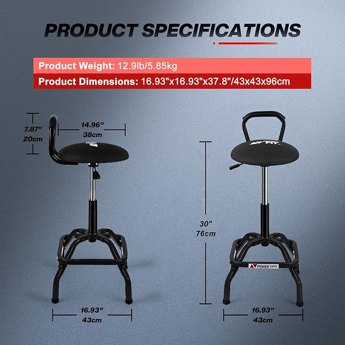 Garage Stool, Adjustable Height Swivel Work Mechanic Shop Stool with Backrest, Pneumatic Shop Chair for Home, Workshop, 300 LBS Capacity, 360° Rotation, Heavy Duty, Black