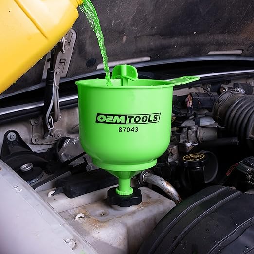 OEMTOOLS 87043 No-Spill Professional Quality Coolant Funnel Kit, Easily Fill Antifreeze Coolant Set Includes 5 Adapters, Extensions, and Automotive Funnel, Air Venting, Drip-Free, Green