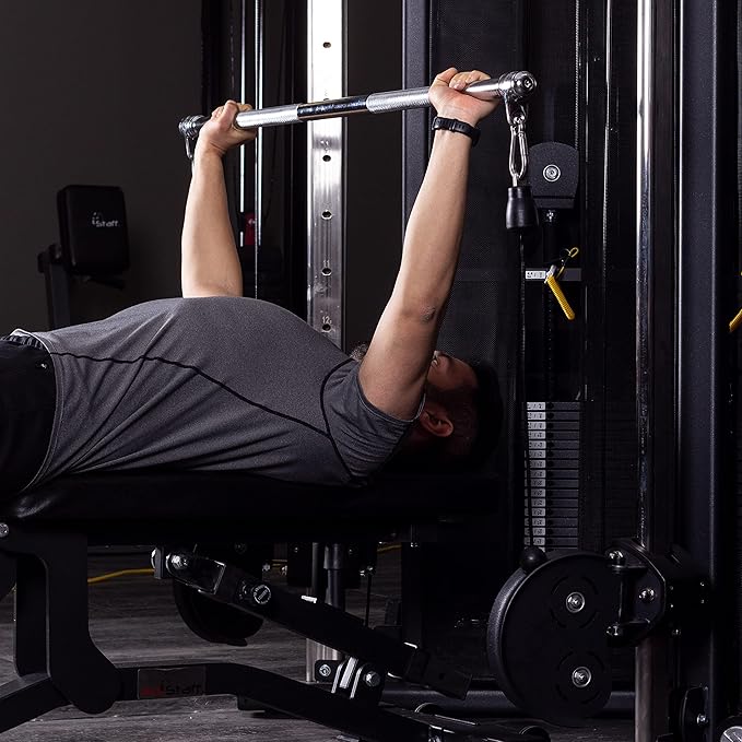 AmStaff 48" Straight Ez Curl Lat Pull Down Bar with Revolving Double Hook for Dual Pulley Cable Machines, Functional Trainer Multi-Purpose Attachment