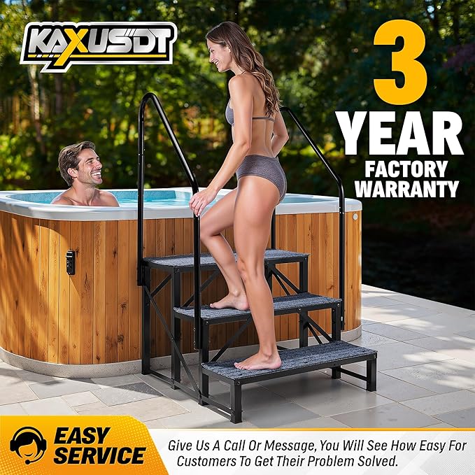 3 Steps Hot Tub RV Steps with Dual Handrail, ππππ ππ©π π«ππππ Portable Mobile Home Stairs Steps with Reinforced Crossbeams on Both Sides, 660lbs, Outdoor RV Camper Entry Steps w/Non-Slip Mats