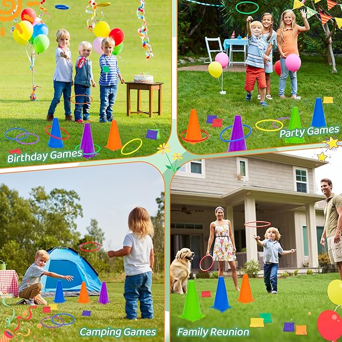 Carnival Outdoor Games Combo Set for Kids, Soft Plastic Cones Bean Bags Ring Toss Game, Activity Agility Set,Field Day Family Reunion Yard Lawn, Birthday Party Easter, Spring Fall Game