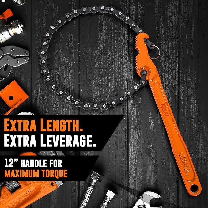 Mutt Tools 12" Chain Wrench - Heavy Duty Chain Pipe Wrench for 1-1/2" to 6" Pipes - Professional Chain Oil Filter Wrench for Mechanics and Plumbers