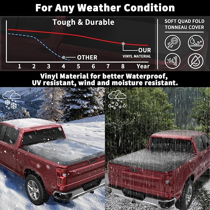 Soft Quad Fold Truck Bed Tonneau Cover Compatible for 2014-2018 Chevy Silverado/GMC Sierra 1500, 2015-2018 Silverado/Sierra 2500 3500 HD, Quadfold 5.8 ft Fleetside Truck Tonneau Covers
