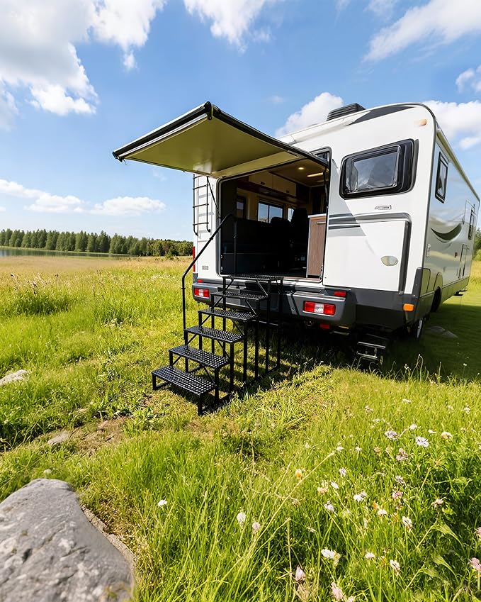 RV Steps with Handrail|6 Step RV Stairs with Handrail|Update 3.0 Outdoor RV Ladders with Anti-Slip Pedals|Mobile Home Stairs for Travel Trailers|Heavy Duty Camper Steps for Camper, Porch, Spa