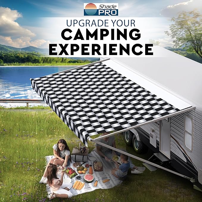 ShadePro - RV Awning Fabric Replacement - Heavy Duty Weatherproof Vinyl - Universal Outdoor Canopy for Camper, Trailer, and Motorhome Awnings - Checkered Flag - 11' (Fabric 10' 2")