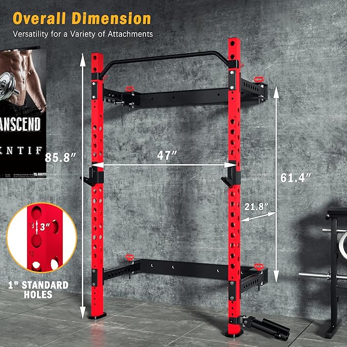 MU 2" x 2" Folding Squat Rack, 1100LBS Wall Mounted Power Rack with Adjustable Pull Up Bar, J Hooks, Landmine, Foldable Squat Rack for Home Gym, Garage, Training Studios (Black and Red)