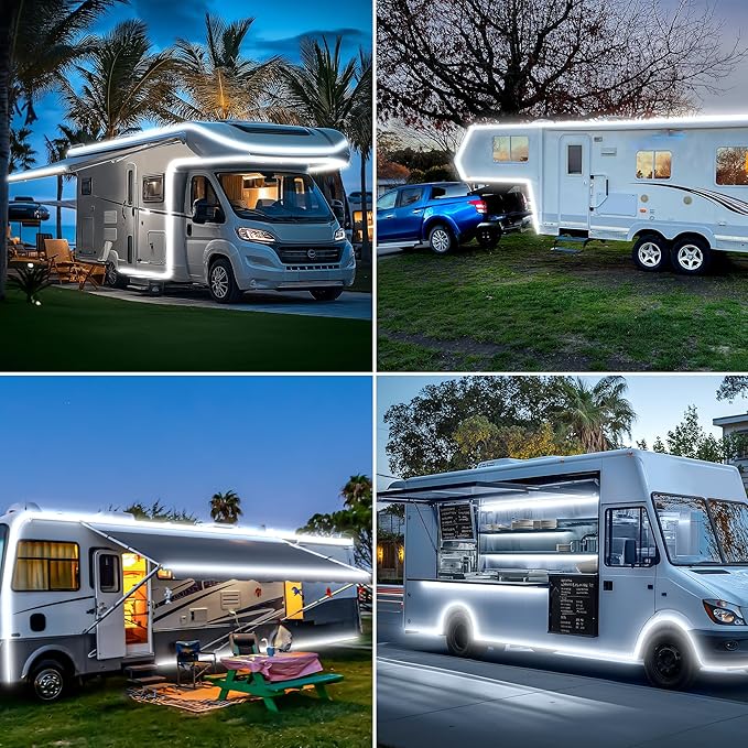 RV Awning Lights 20FT, Camper Awning Lights for RV Canopy Exterior, IP67 12V White COB Waterproof Underglow Led Light kit for Motorhome, Travel Party, Trailers, Food Trucks