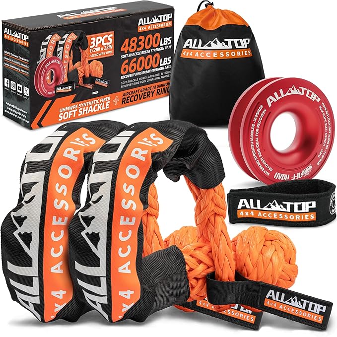 ALL-TOP Synthetic Soft Shackle & Recovery Ring Kit (2PCS 1/2in x 22in - 48300LBS Shackles + 1 Red Snatch Pulley Ring) for Winch Tackle Pulley System