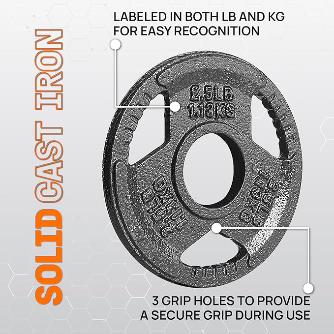 Yes4All Tri-Grip Handles Cast Iron Olympic Weight Plates, 2-Inch Weight Plates for Weight Lifting with Smooth and Durable Finish, Suitable for Strength Training Exercises (Single, Pair and Set)