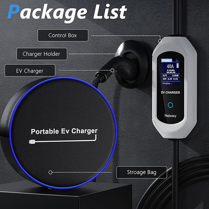 EV Charger Level 2, 40A Amp Portable EV Charger for All SAE J1772 EVs Without Adapter, 25FT+2FT Cable, 9.6KW EV Car Charging Station with App Control, Electric Vehicle Chargers(240V, NEMA14-50 Plug)