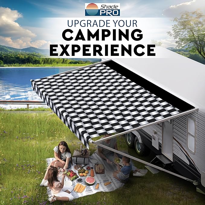ShadePro - RV Awning Fabric Replacement - Heavy Duty Weatherproof Vinyl - Universal Outdoor Canopy for Camper, Trailer, and Motorhome Awnings - Checkered Flag Blk WG - 23' (Fabric 22' 2")