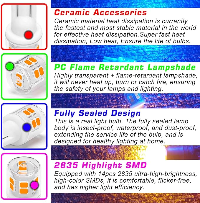 T10 194 921 912 LED Bulb Amber Yellow, Side Marker Lights T10 168 LED Bulbs for License Plate Light Dome Map Door Courtesy Interior License Plate Dashboard Car Lights,4Pack