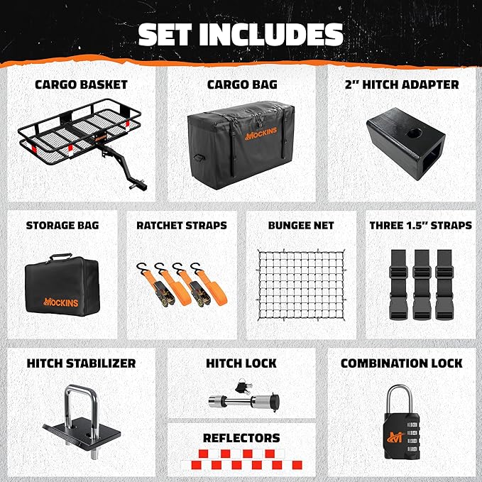 Mockins 6" Raised Shank Folding Luggage Rack 48"x20"x6" & 15 Cu Ft Waterproof Cargo Bag | Heavy-Duty 500 Lbs. Capacity Trailer Hitch Cargo Carrier for SUV Car Truck ATV & More w/Accessories