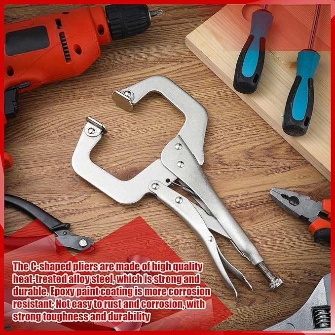 Yexiya 10 Pcs Locking C Clamp, Locking Pliers Adjustable Welding Clamp with Regular Tip and Swivel Pad for Shop Home Farm and Auto Workshop Woodworking, Cabinetry, Repair (11 Inch)