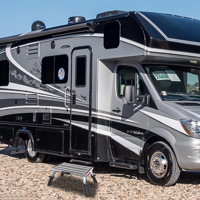 Prime 1 Safety RV Steps Extra Large Platform 19in x 14.5in Extra Size RV Folding Step Stool and Ladder, 600lbs, Height Adjustable, Aluminium with Reflective Stripe, Anti-Slip Surface and Extra Grip