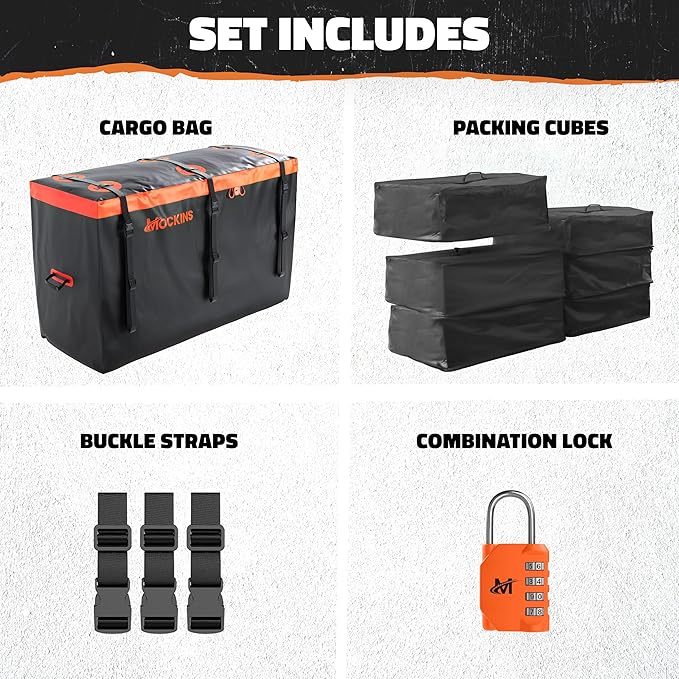 Mockins 30 Cu.Ft. Trailer Hitch Cargo Carrier Bag | 60"x24"x36" Waterproof Cargo Bag for Hitch Carrier & 6 Packing Cubes 29"x23"x12" | Weatherproof Vehicle Soft-Shell Carriers w/Buckle Straps & Lock