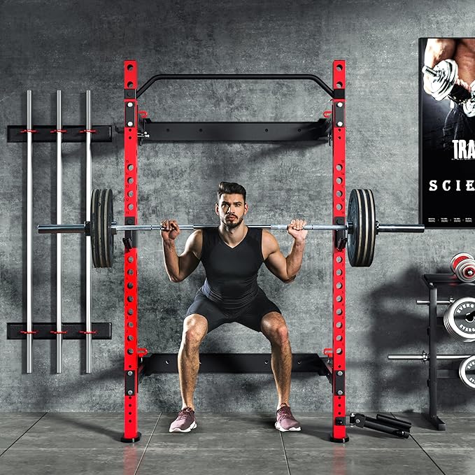 MU 2" x 2" Folding Squat Rack, 1100LBS Wall Mounted Power Rack with Adjustable Pull Up Bar, J Hooks, Landmine, Foldable Squat Rack for Home Gym, Garage, Training Studios (Black and Red)
