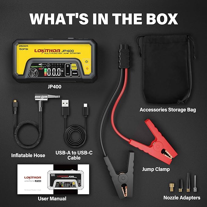 LOKITHOR JP400 Jump Starter with Air Compressor, 2500A 12V Portable Car Battery Booster Pack (8.5L Gas/6.5L Diesel) with ConnectMax Tech, 150PSI Tire Inflator, Auto-Shutoff & Dynamic Dwell (Yellow)