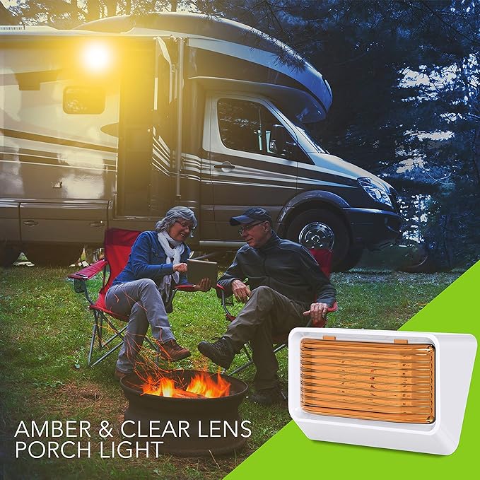 Leisure LED RV Exterior Porch Utility Light - 12v 280 Lumen Lighting Fixture. Replacement Lighting for RVs, Trailers, Campers, 5th Wheels. White Base, Clear and Amber Lens Included (White, 2-Pack)