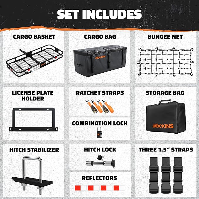 Mockins 60"x20"x6" Heavy Duty Trailer Hitch Cargo Carrier w/License Plate Holder & 16 Cu.Ft. Waterproof Cargo Bag for Hitch Carrier | All-Weather 500 Lbs Cap Folding Luggage Rack for SUV Car & Truck