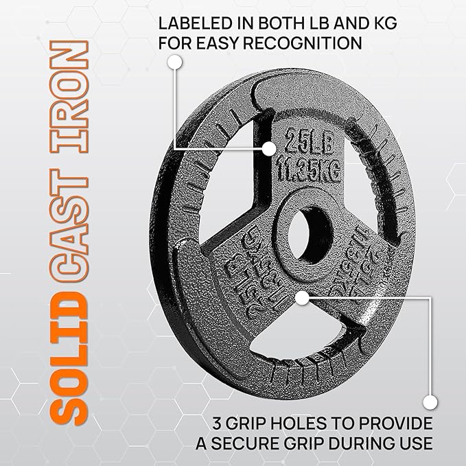 Yes4All Tri-Grip Handles Cast Iron Olympic Weight Plates, 2-Inch Weight Plates for Weight Lifting with Smooth and Durable Finish, Suitable for Strength Training Exercises (Single, Pair and Set)