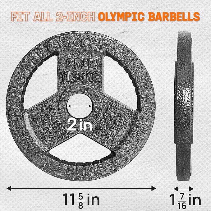Yes4All Tri-Grip Handles Cast Iron Olympic Weight Plates, 2-Inch Weight Plates for Weight Lifting with Smooth and Durable Finish, Suitable for Strength Training Exercises (Single, Pair and Set)