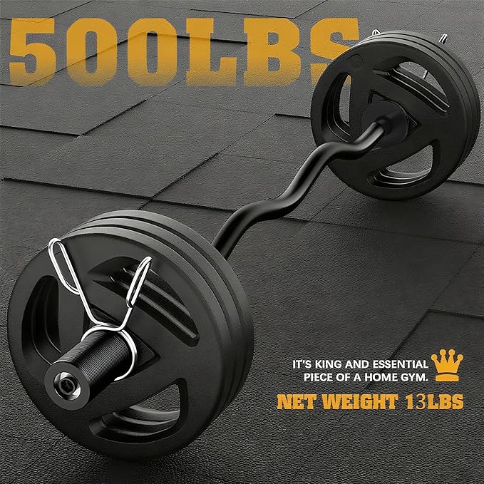 Olympic EZ Curl Barbell Bar, 47” Strength Training EZ Bar for Weight Lifting,Hip Thrusts,Biceps, triceps, Back/Leg Muscle Exercise,Chrome Curling Bar for 2 Inch Weight Plates,with 2 Spring Collars(500LBS)