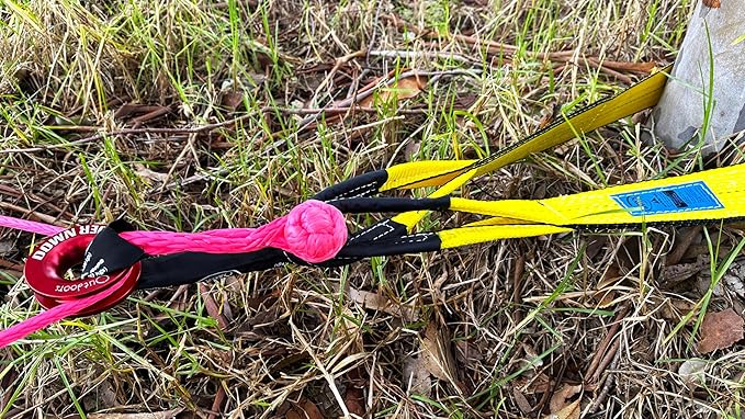 DOWN UNDER OUTDOORS Heavy Duty Game/Log/4x4 Recovery Kit, Deer Drag, 550 ft of 3/8” (23,150 lbs) Winch Rope on Metal Reel, 2 Tree Savers, 2 Soft Shackles, 2 Snatch Rings, 2 Figure 8 Rings, Gear Bag