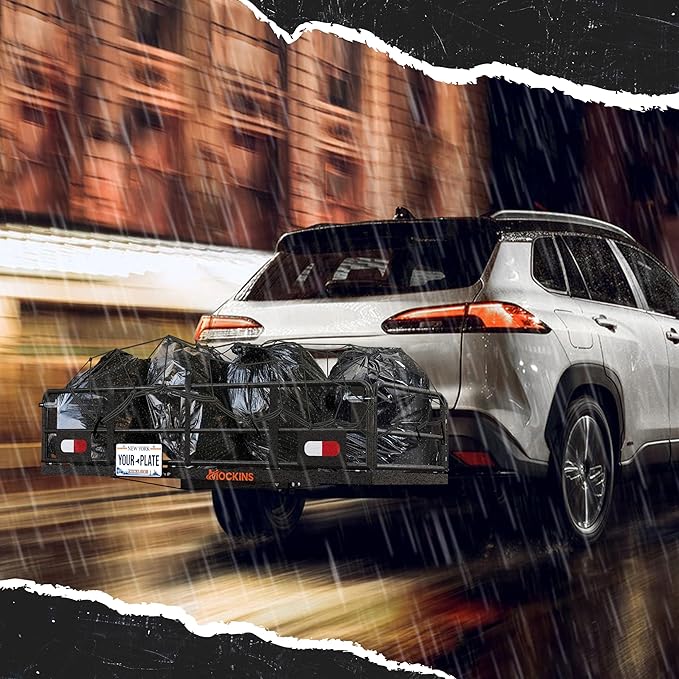 Mockins 60"x24"x14" High Rail Car Trailer Hitch Cargo Carrier w/Plate Bracket | 500 Lbs. Capacity Folding Luggage Rack for SUV, Car & Truck | 2" Receiver Hitch Cargo Rack w/Stabilizer, Straps, & Net