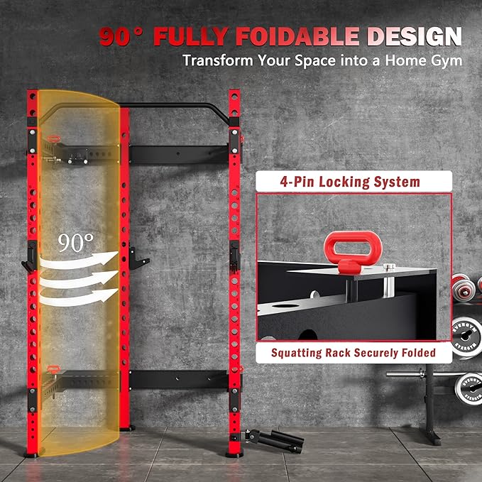 MU 2" x 2" Folding Squat Rack, 1100LBS Wall Mounted Power Rack with Adjustable Pull Up Bar, J Hooks, Landmine, Foldable Squat Rack for Home Gym, Garage, Training Studios (Black and Red)