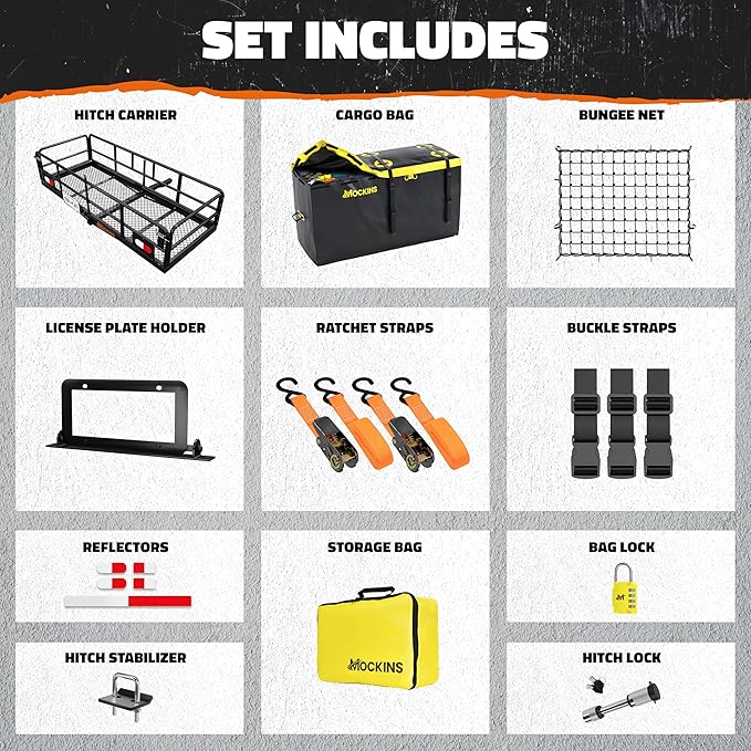 Mockins 60"x24"x14" High Rail Trailer Hitch Cargo Carrier w/License Plate Holder & 30 Cu.Ft. Waterproof Cargo Bag | All-Weather 500 Lbs. Cap Foldable Luggage Rack for SUV Truck & Car Carrier Storage