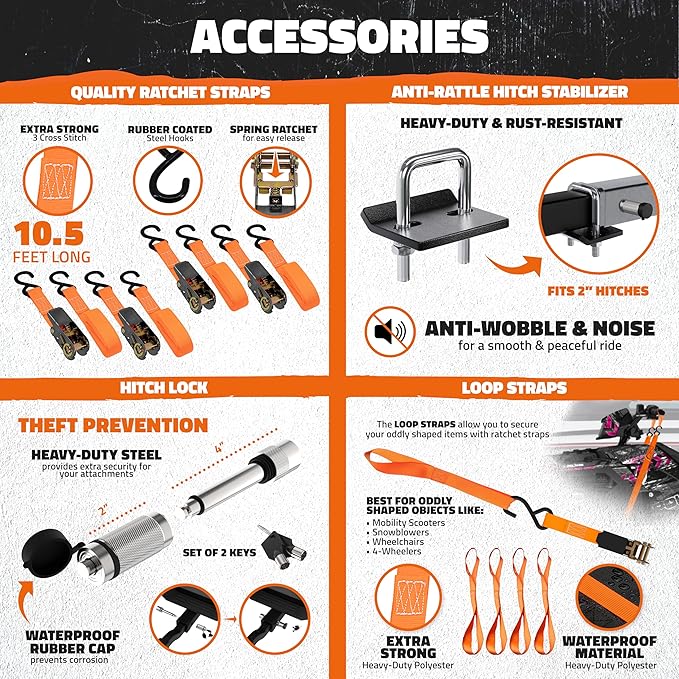 Mockins 40"x40"x4" Square Heavy Duty Trailer Hitch Cargo Carrier with Ramp | 500 Lbs. Cap Weatherproof Steel Scooter Rack for Car, SUV, Truck, Van, RV | Wheelchair Carrier for Car Hitch w/Accessories