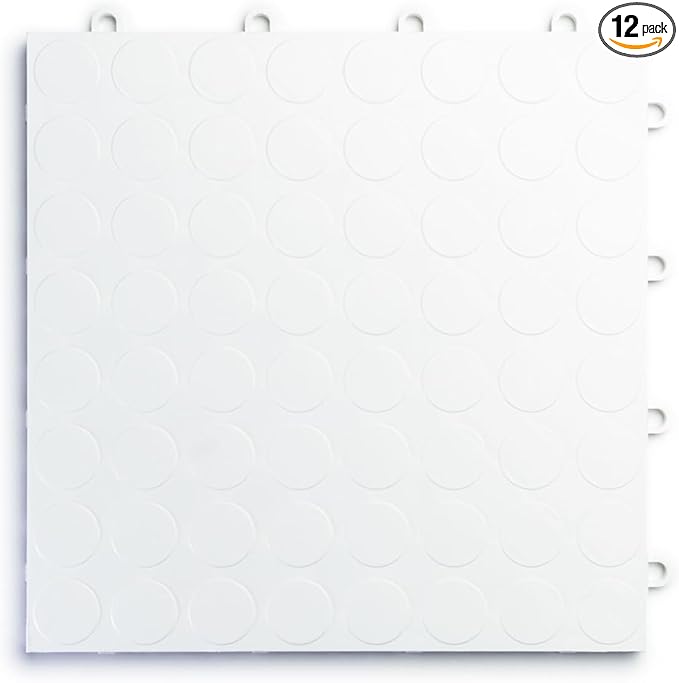 Big Floors RaceDeck CircleTrac, Interlocking Non-Slip Garage Flooring Tile, Durable, Modular, Heavy-Duty Copolymer, Easy Install (White, 12 Pack of 12 x 12" Tiles)