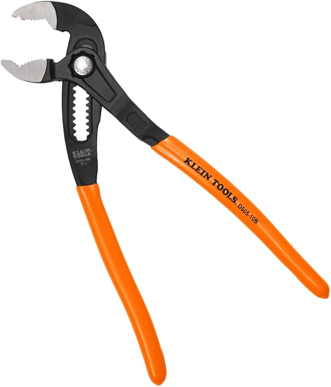 Klein Tools D50510B 10-Inch Adjustable Pliers, Quick-Adjust Klaw Pump Pliers, V-Jaw, Hardened Teeth for Maximum Torque