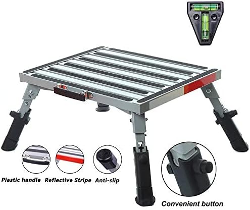 Homeon Wheels RV Step Stool, Adjustable Height Aluminum Folding Platform 16.5" x 12" with Non-Slip Rubber Feet, Reflective Stripe, Handle, RV T Level, 1000 lbs, for Trailer, Truck, Outdoor