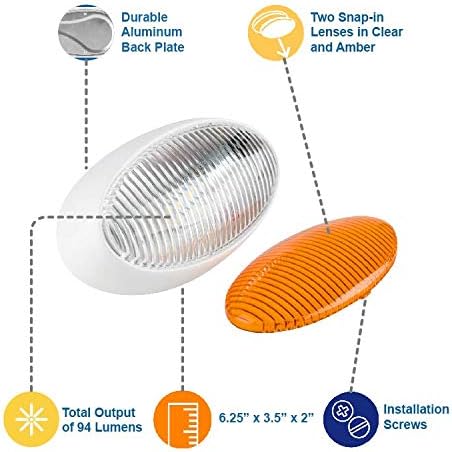 Lumitronics RV 12V LED Oval Porch Utility Light, Clear & Amber Lenses for Motorhomes, Campers, Trailers, 5th Wheels (White)