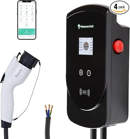 50 Amp - PRIMECOM.TECH Level-2 Smart Electric Vehicle Home Charging Station 220 Volt for Tesla and All EV Brands 30' Feet Length (Hardwire, 18 Feet)