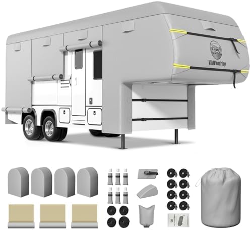 Heavy Duty Travel Trailer 5th Wheel RV Cover 23-26ft, 8 Layers Breathable Waterproof Rip-Stop Camper Cover with Adhesive Repair Patches, Gutter, Tire & Additional Straps
