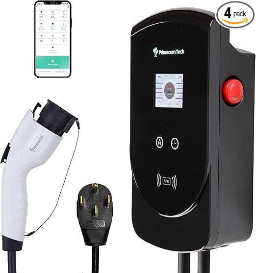 50 Amp - PRIMECOM.TECH Level-2 Smart Electric Vehicle Home Charging Station 220 Volt for Tesla and All EV Brands 30' Feet Length (NEMA 14-50p, 18 Feet)