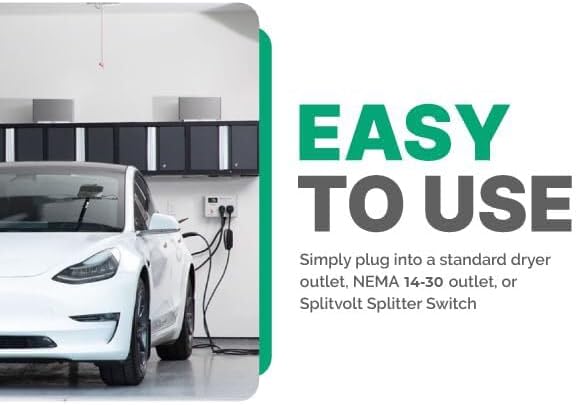 Splitvolt Level 2 Adjustable EV Charger (240v, 26 ft Cable, NEMA 14-30, Adjustable up to 24 Amps) Live LCD Screen Time Delay Start Function, NEC Fast 30A Circuit Charging J1772 Plug with Travel Bag