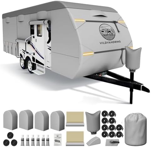 Travel Trailer RV Cover 30-33ft, Rv Trailer Cover Multi-Layer Breathable Rip-Stop Camper Cover with Water-Resistant Coating, Repair Kit, Gutter Protection, Tire Straps