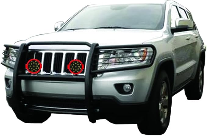 Black Horse Grille brush Bumper Guard Modular Black Come With pair of 7.0"Dia.LED Lights with Red Trim Rings Compatible with 2005-2010 Jeep Grand Cherokee-17A080200MA-PLR