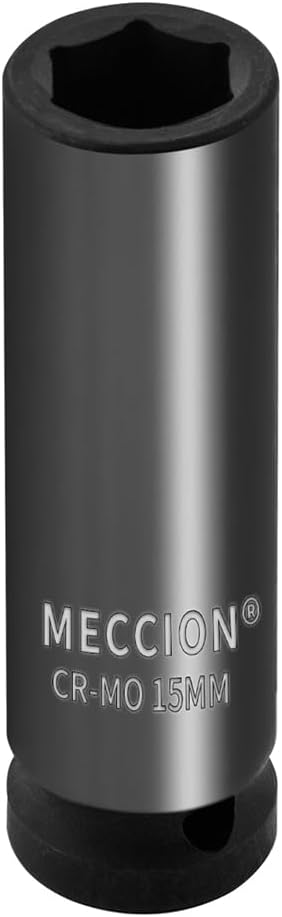Meccion 1/2 Inch Drive Impact Socket 15mm Metric, 6 Point Cr-Mo Deep Impact Socket, 78mm Length