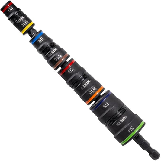 Klein Tools 32934 Impact Driver, 9-in-1 SAE Impact Socket Set, 4 Flip Sockets with 1/4, 5/16, 3/8, 7/16, 1/2, 9/16, 5/8, and 3/4-Inch Nut Driver Sizes with Bit Holder, 6-1/2-Inch Shaft