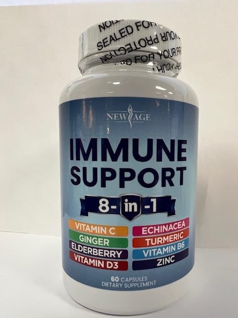 NEW AGE 8 in 1 Immune Support Booster Supplement with Echinacea, Vitamin C and Zinc 50mg, Vitamin D 5000 IU, Turmeric Curcumin & Ginger, B6, Elderberry 60 Count (Pack of 1)