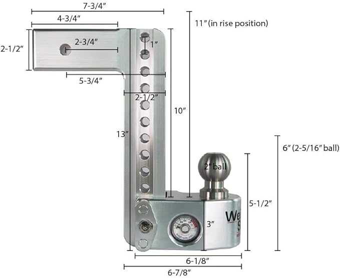 Weigh Safe Aluminum Adjustable Trailer Hitch - Towing Hitch with Built-In Tongue Weight Scale - Compatible with 2.5" Receivers - 10" Drop, Stainless Steel Tow Balls, 18,500 GTW, 1-Piece Lock Set
