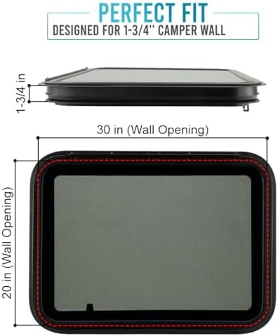 PRO FLEX RV Emergency Exit Window 30” W X 20” H–Heavy Duty Ultra Thick Tempered Glass, RV Camper Window Replacement with Trim Kit for 1-3/4’’ Wall Thickness– Easy Installation, DOT Certified