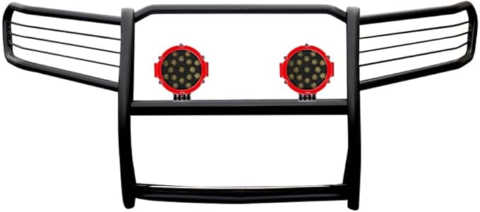 Black Horse Grille brush Bumper Guard Modular Black Come With pair of 7.0"Dia.LED Lights with Red Trim Rings Compatible with 2005-2010 Jeep Grand Cherokee-17A080200MA-PLR