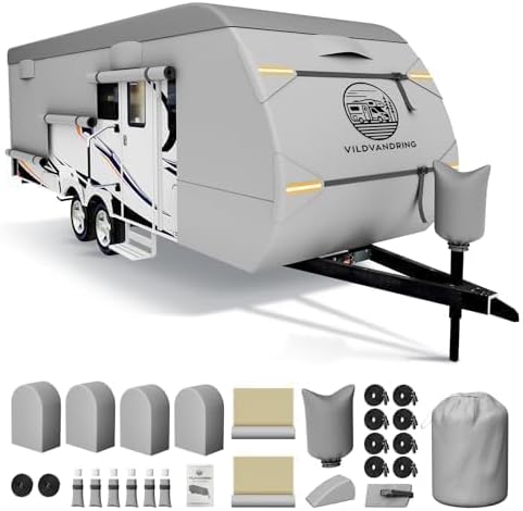 Travel Trailer RV Cover 33-35ft, Multi-Layer Breathable Rip-Stop Camper Cover with Water-Resistant Coating, Repair Kit, Gutter Protection, Tire Straps