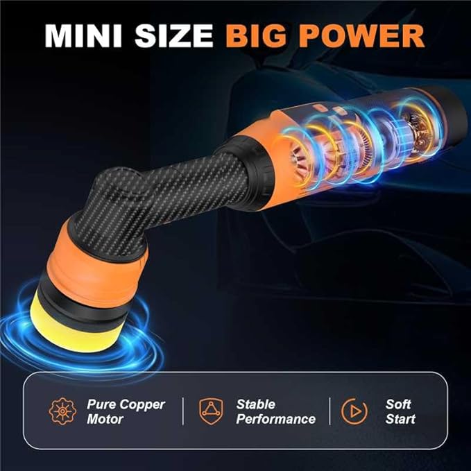 Protmex Cordless Mini Buffer Polisher - 1.2/1.6/2 Inch Car Polisher w/ 8 Variable Speed 2500-6000RPM - RO/DA Car Polishing Machine w/ 22 Pads - Small Polisher for Car Detailing Polishing Waxing, Long